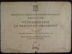 Medaile Za pracovní obětavost ČSR + průkaz