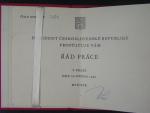 Řád práce I. vydání 1951-1960 ČSR č. 1434 + etue, průkaz a velký dekret