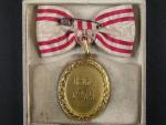 Bronzová čestná medaile Za zásluhy o Červený Kříž s válečnou dekorací na dámské stuze, původní etue