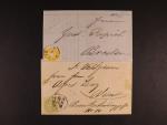 skl. tiskopis z r. 1865 do Německa frank. zn. Fe. č. 30, pod. raz. PESTH 2.9. a skl. dopis v místě frank. zn. Fe. č. 31 s oválným raz. WIEN 