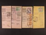 sestava 4 ks ústřižků pošt. průvodek frank. zn. Mi. č. 190, 192, 197, 198, 200 a P 43 s raz. ZOLYOM (Zvolen), GALGOCZ (Hlohovec), LÖCSE (Levoča) a NAGYSZOMBAD (Trnava), dobrá kvalita, zajímavé