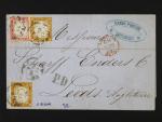 Sardinie - skl. dopis z r. 1863 do Anglie frank. zn. Mi. č. 11 (2x), Mi. 13, pod. raz. LIVORNO 23.GIU.63, průch červené raz. LONDON, přích. raz., dopis vodorovně mimo zn. preložen, zk. Bolafi