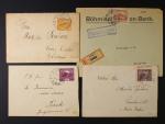 sestava 4 ks dopisů (1x RECO do Švýcarska) frank. jednotlivou zn. č. 11 D s posunem perforace, 13 Ba, 17 B, 20 se soukr. perforací