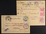 dvoudílná pošt. průvodka frank. zn. Fe. č. 74 (3x), pod. raz. TROPPAU - FAHRPOST 27.8.02 a KL se smíš. frankaturou 5kr F.J., dofrank. zn. Fe. č. 77 (30h), pod. raz. TETSCHEN A.D. ELBE 9.8.+ přích. raz