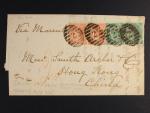 skl. dopis z r. 1865 do Číny frank. zn. Mi. č. 19 a 27 ve vodorovných dvoupáskách, pod. číselné raz. 2 + DR LONDON AP-26 1865, přích. raz. HONG-KONG C JU-7.1865, velmi zajímavá destinace, vzácné
