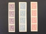 ZT zn. Mi. č. 51 - 54 v soutisku ve svislych čtyřpaskach v barvě červené, modře a fialově