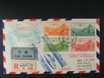 Čína - let. R-dopis do USA přepr. 1. letem Canton - San Francisco, pod. raz. CANTON 27.4.37, přídavný let. kašet, průch. a přích. raz.