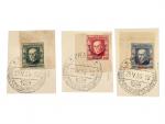 zn. č. 180 - 182 rohové kusy nalepené na kouscích papíru s raz. PRAHA MEZINÁRODNÍ KONGRES OLYMPIJSKÝ 29.5.25, zk. Karásek