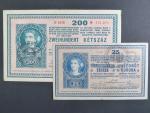 25 K a 200 K 1918 rakouské série 1110 a B 1016 s maďarským černým kulatým raz. na lícní straně  