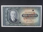 100 Kčs 1945 přetisk VZOREK, 2x perf. otvory, bez čísla a série, Ba. 74s, Pi. 64s