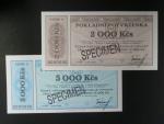 Pokladní potvrzenky 2000 Kč a 5000 Kč 1.2.1993 série A 0000000 bankovní vzory s přetiskem SPECIMEN, velmi vzácné