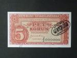 5 Kčs 1945 série Z/Z 000000 anulát s pečetí De La Rue, ručně číslo 35