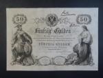 50 Gulden 1866 bez čísla a série, hlavní tisk šedou barvou,  ručním nápisem 