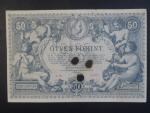50 Gulden 1884, dobový tištěný padělek, znehodnocený perforací FALSO a třemi otvory 7mm, ink. tužkou