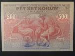 500 Kčs 1919 série 001 bez čísla s perforací SPECIMEN novotisk vydaný STC pro ČNB ke 160.výročí narození Alfonse Muchy v Ivančicích, bez UV tisku