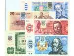 20, 50, 100, 500, 1000 Kčs/Sk kolkované s perforací SPECIMEN, Pi. 15-19, Ba. SK1-SK5