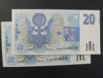20 Kč 1994 s. A - dvojice bankovek se stejným číslem, ale jinou sérií