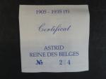 Ag medaile - Astrid Reine des Belges, Ag 0,925, 11,5 g, průměr 30mm, náklad 2500ks, certifikát, etue