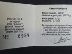 100 Frank 1986, Ag 0,999, 15g, průměr 31mm, certifikát, etue