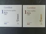 zlatá a stříbrná replika 1 Kčs 1961, číslované č. 065, Au 986, 7,8g, Ag 925, 7,8g ,průměr 23 mm, limit 150ks (Au) a 200ks (Ag), dřevěná společná etue, certifikáty 