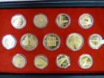 sada 13ks pamětních mincí 5000 Kč 2011 - 2015 Mosty + 10.000 Kč 2012, 2013, 2015 Zlatá bula sicilská, Konstantin a Metoděj, mistr Jan Hus, ve společné etui, certifikáty, bezvadná kvalita, PROOF