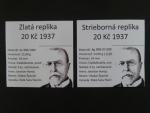 Au + Ag replika československé 20 Kč 1937 TGM, ražba 2022, náklad 6 ks