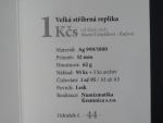 Ag velká replika 1 Kčs 1957, číslovaná č. 44, Au 999, 70g, průměr 52 mm, náklad 95 ks, dřevěná etue, certifikát
