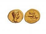 Řím - Císařství : Augustus, 31 př.Kr. - 14 n.l., Aureus 25/22, Colonia Patricia (Cordoba), 7,93 g. Bahrfeldt 114. Calico 164. Cohen 20. RIC 125, velmi vzacny, s prokazanym puvodem : Ex Aukce Bank Leu