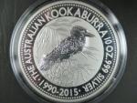 1 Dollars - 1 Oz (31,1050g)  Ag - Kookaburra 2015, kvalita proof, Ag 999/1000, etue
