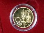Zlatá replika 10 Kčs 1990 Masaryk, číslovaná č.37, puncy gravírované, Au 986, 7,8 g, průměr 24,5 mm, limit 55ks, etue