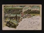 Slaný, okr. Kladno - bar. litograf. koláž, dl. adresa, použitá 1899