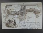 Pardubice, čb. vícezáběrová litograf. pohl., prošlá 1901, cyklisté