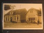 Straky, čb. fotopohlednice restaurace a obchod, prošlá 1934