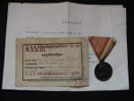 Bronzová medaile za statečnost, původní vojenská stuha, vydání 1914 - 1917, legitimace + preklad
