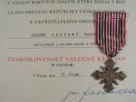 ČS válečný kříž 1939 s dekretem na příslušníka 1. čs armádního sboru v SSSR, hrdiny ČSSR, por. Vendelína Opatrného