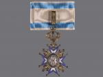 Řád Sv. Sávy, komandér, neznačeno, mírně poškozený modrý smalt na spodním rameni kríže na reversu, kratší nákrční stuha