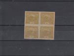 ZT známky č. 13N ve čtyřbloku v olivové barvě na našedlém papíře bez lepu.