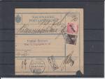 Velký ústřižek poštovní průvodky vyfrankovaný maďarskými známkami 10h ženci a 20h Karel s přetiskem koztársaság pod razítkem Chuszt 7.4.1919.