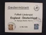 pam. list s vylepenymi zn. Hindenburg a pam. raz. BERLIN SPANDAU 1 - Fussball - Länderspiel England - Deutschland 14.5.38