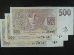 500 Kč 1995 s. B - trojice bankovek se stejným číslem, ale jinou sérií