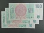 100 Kč 2018 s. J  - trojice bankovek se stejným číslem, ale jinou sérií