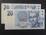 20 Kč 1994 s. A - dvojice bankovek se stejným číslem, ale jinou sérií
