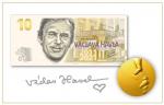 Pamětní tisk ve formě bankovky se zlatým  přítiskem společně se zlatou medailí 10 OZ na počest prezidenta Václava Havla, náklad 10 kusů, série V