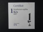 Ag replika 1 Kčs 1957, číslovaná č. 171, Ag 925, 7,8g ,průměr 23 mm, náklad 200ks (Ag), dřevěná etue, certifikát 