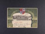 Jihlava - bar. pohlednice, koláž, záběr na část města, s mostem v popředí a projíždějícím vlakem, znak, prošlá 1901
