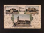 Jilemnice, okr. Semily - bar. třiokénková pohlednice -nádraží, náměstí a nádraží J. Martinice, použitá 1904