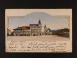 Přerov - barevná pohlednice, náměstí záloženský dům, použitá 1904