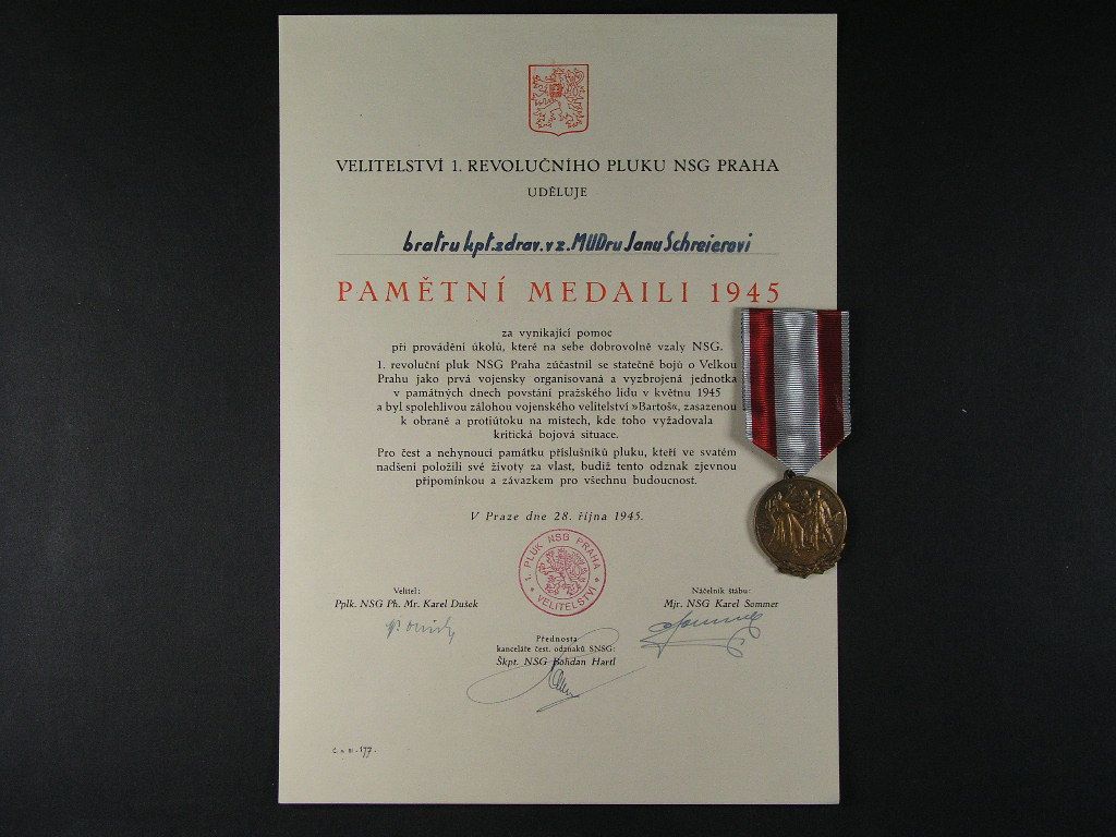 Pamětní medaile 1. revolučního pluku NSG + dekret