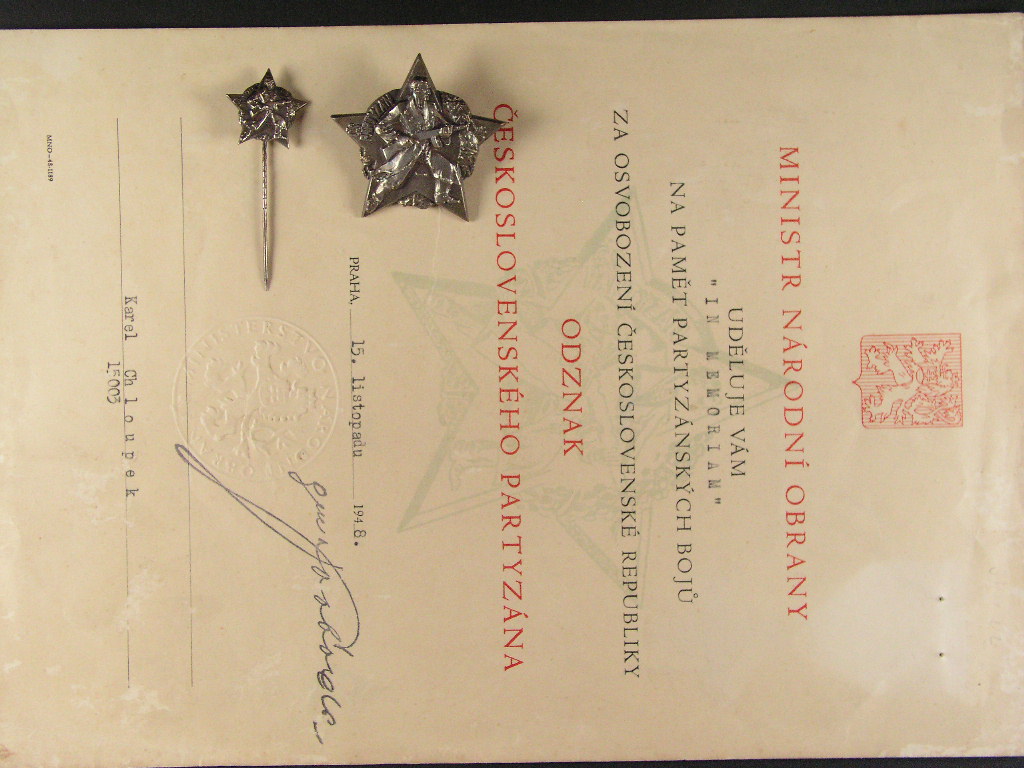Hvězda československého partyzána + miniatura, dekret